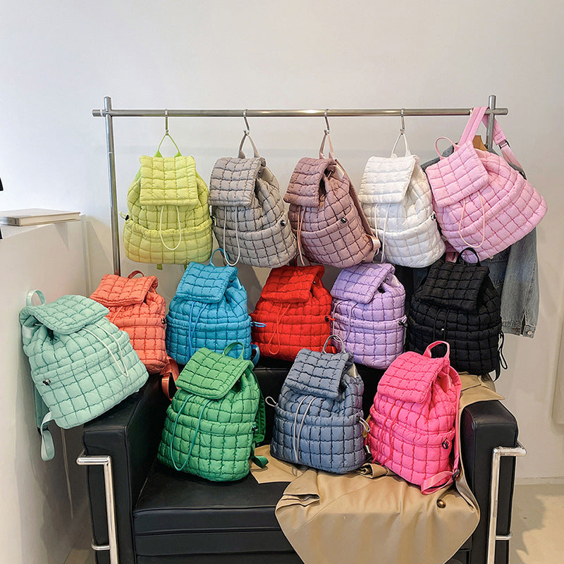 Sac à dos matelassé de couleur bonbon pour femmes, rembourré en duvet, grand sac d'école en coton, sac à dos de voyage pour femmes à carreaux, sac à bandoulière