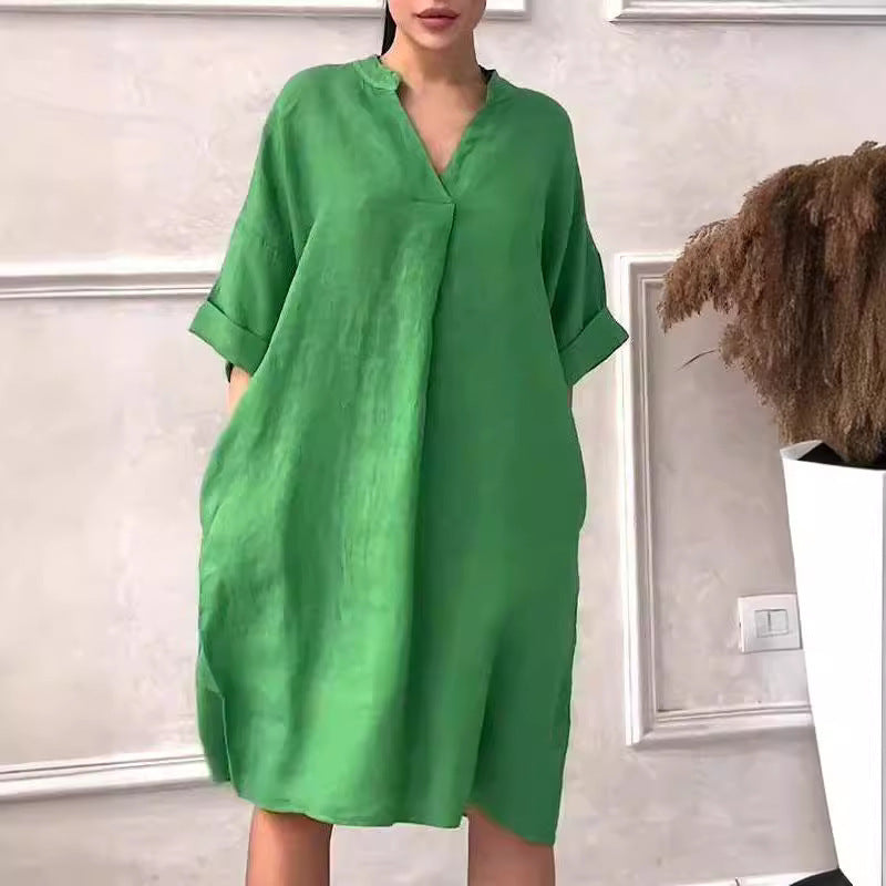 Robe ample en coton et lin pour femmes, avec encolure en V