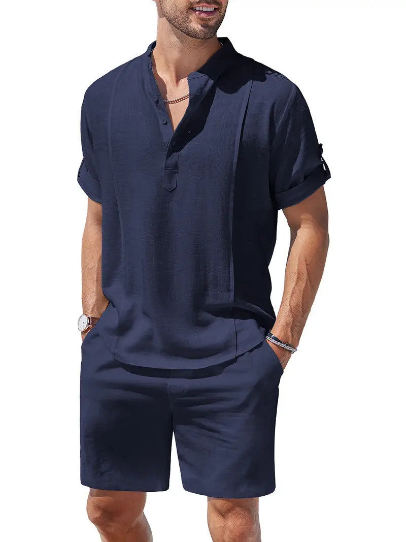 Ensemble en lin pour hommes de 2 pièces, chemise Henley à manches courtes et shorts, tenues assorties pour l'été à la plage et le yoga.