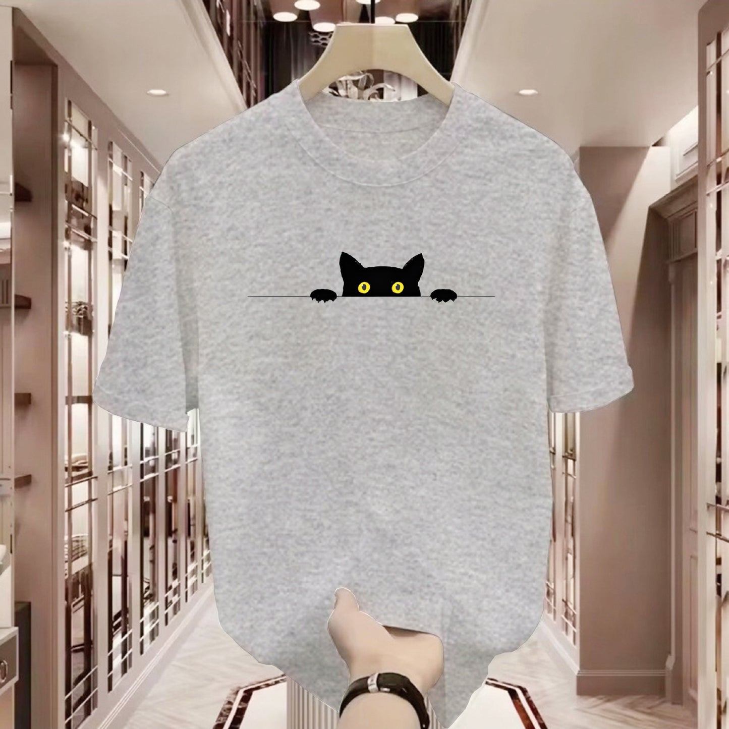 T-shirt à col rond imprimée chatte mignonne à manches courtes