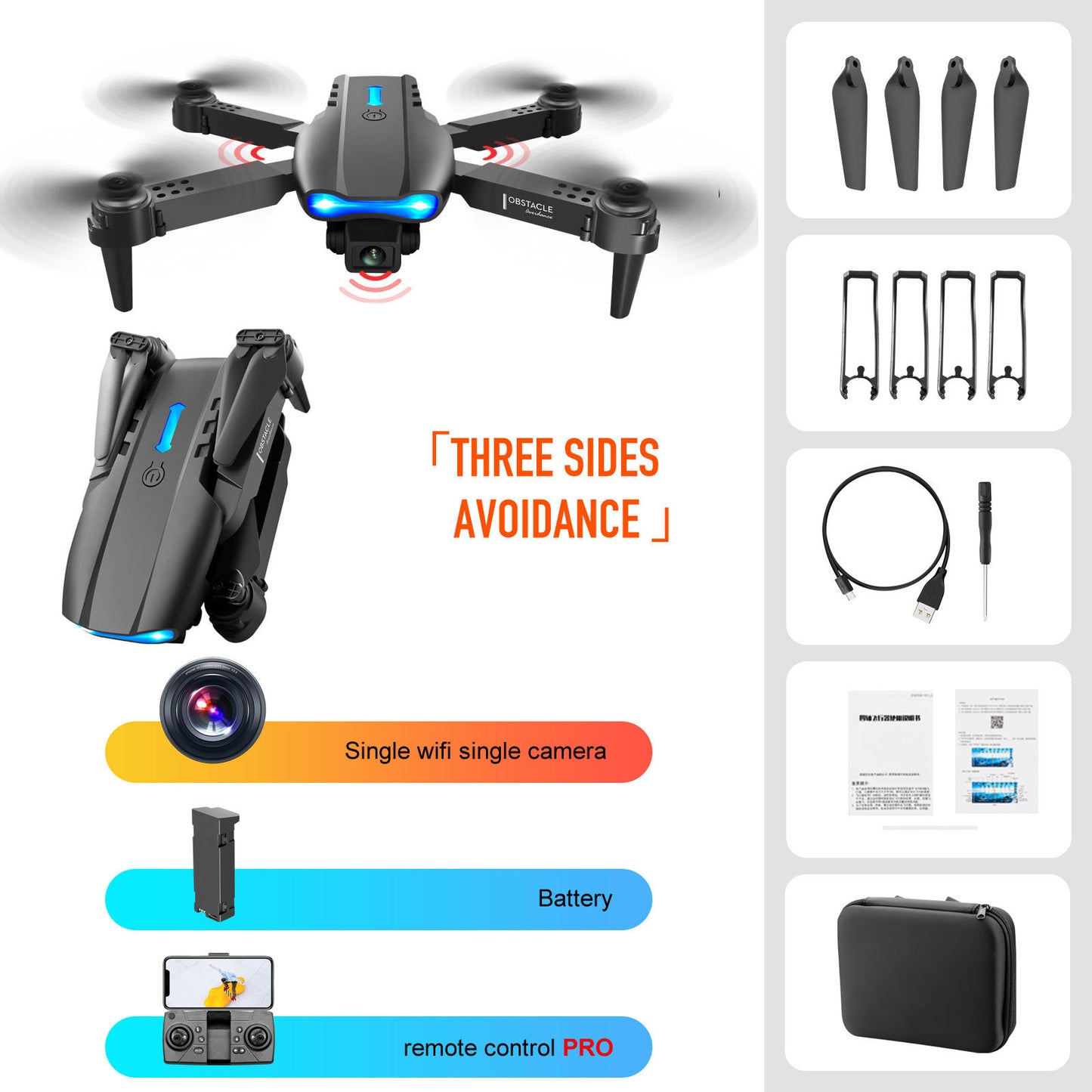 Drone à double caméra 4K avec télécommande et évitement d'obstacles à trois côtés