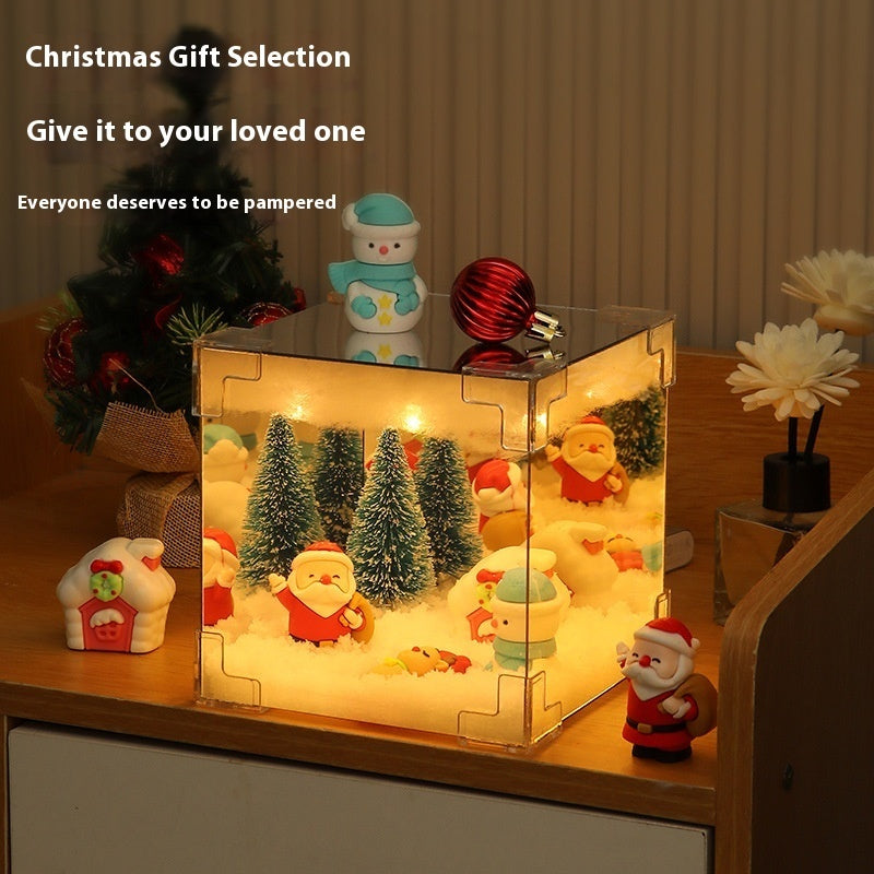 Kit de matériaux de bricolage pour décorations de Noël : miroir, lampe cube LED 3D, Père Noël, bonhomme de neige, sapin et guirlandes lumineuses.