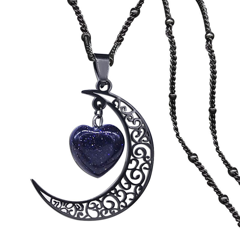 Nouvelle pierre naturelle collier en acier inoxydable Vintage coeur de lune