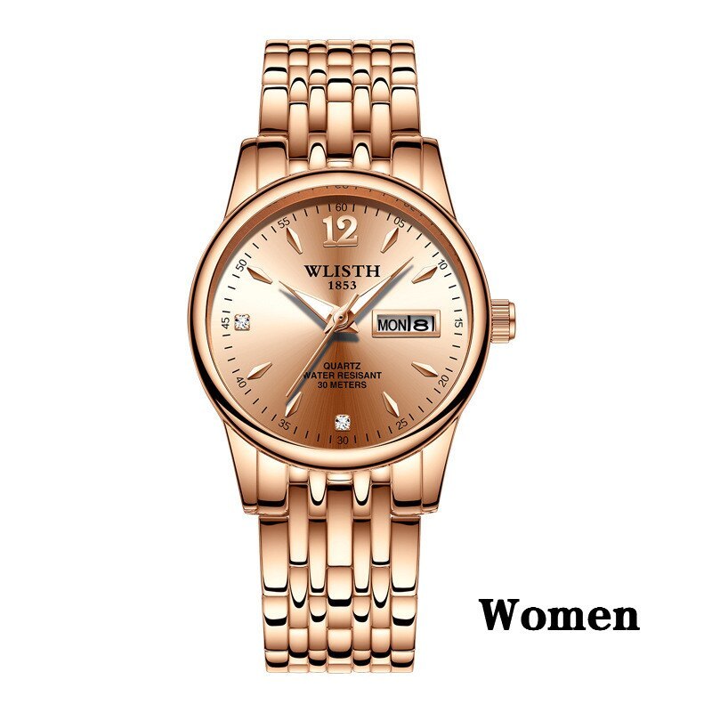 Montre pour femmes en acier inoxydable couleur or rose de la marque WLISTH, élégante et tendance, avec affichage de la semaine et de la date.