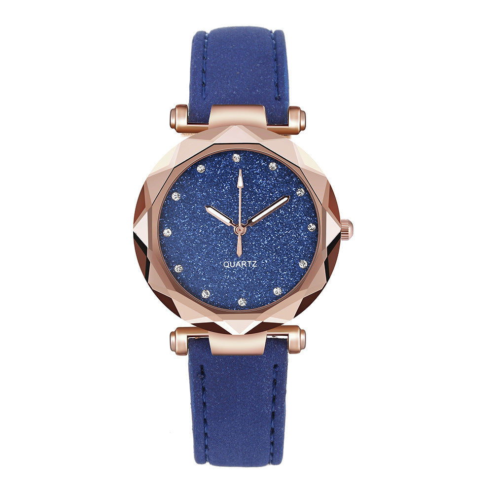 Montre-bracelet romantique pour femmes avec un ciel étoilé en cuir et des strass.