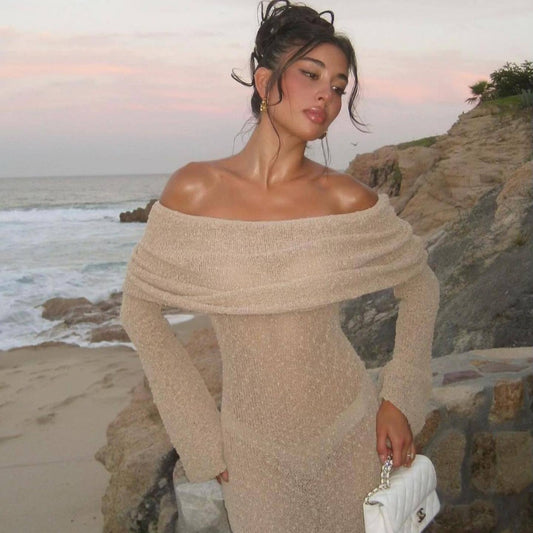 Robe longue à col creux tricoté pour vacances de plage - Ivory Deals Market