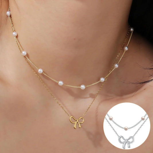 Collier choker double couche en perles simples, bijoux de mode en couleur or, chaîne avec petit pendentif en forme de nœud, cadeaux de bijoux pour femmes, bijoux de mode, cadeaux pour la Saint-Valentin.