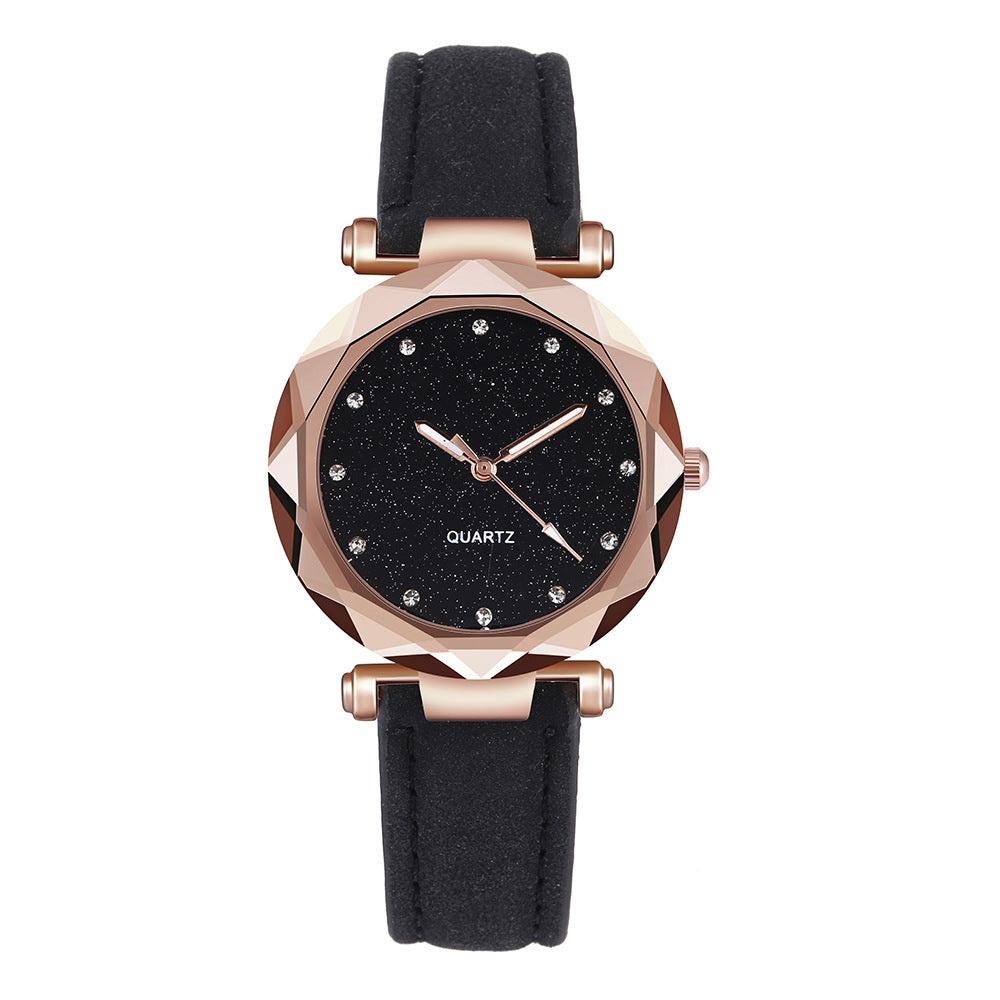 Montre-bracelet romantique pour femmes avec un ciel étoilé en cuir et des strass.