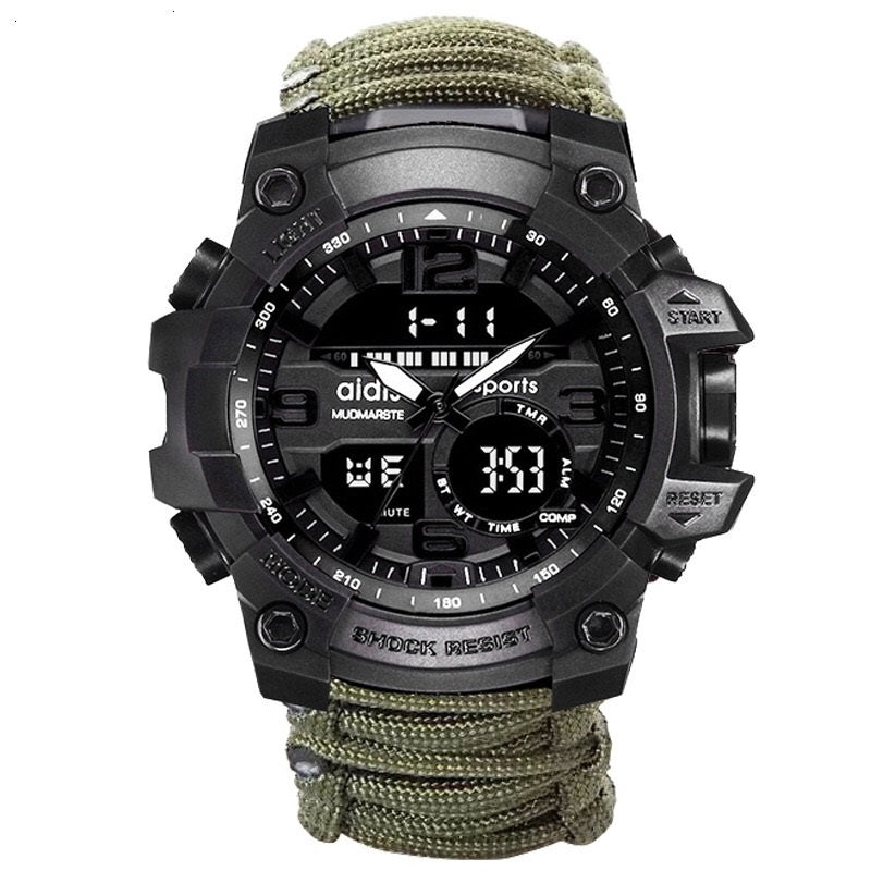 Montre tactique de survie spéciale pour hommes en plein air avec boussole, corde de parachute étanche et anneau en chaîne