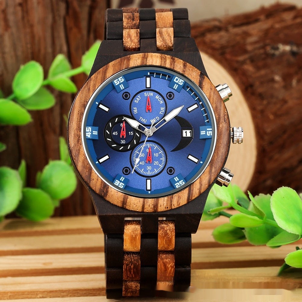 Montre à quartz avec bracelet en bois complet et fonctionnalités multiples.