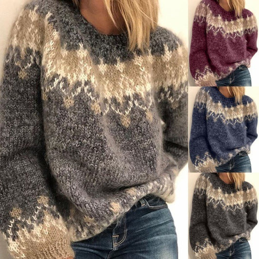 Pull en tricot jacquard décontracté en mohair grossier pour femme