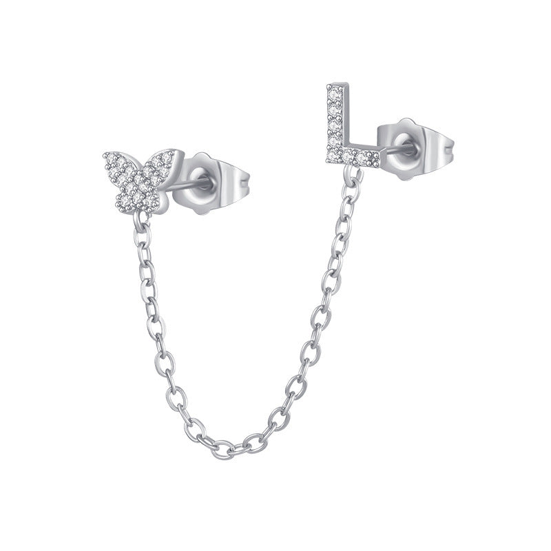 Boucles d'oreilles en forme de papillon avec zircon et lettre pour femme.