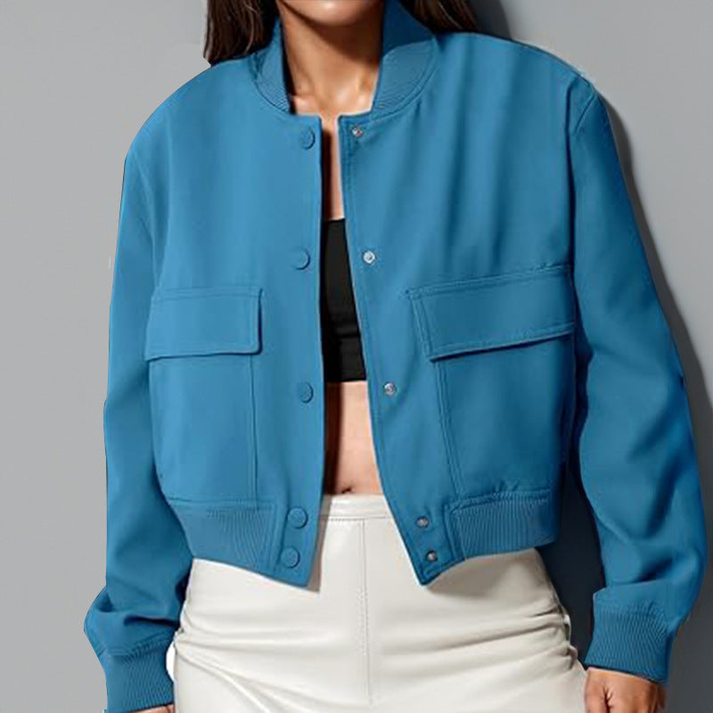 Veste à col montant à boutons de mode avec de grandes poches Casual Loose Short Outwear Tops Coat Pour Vêtements Féminins