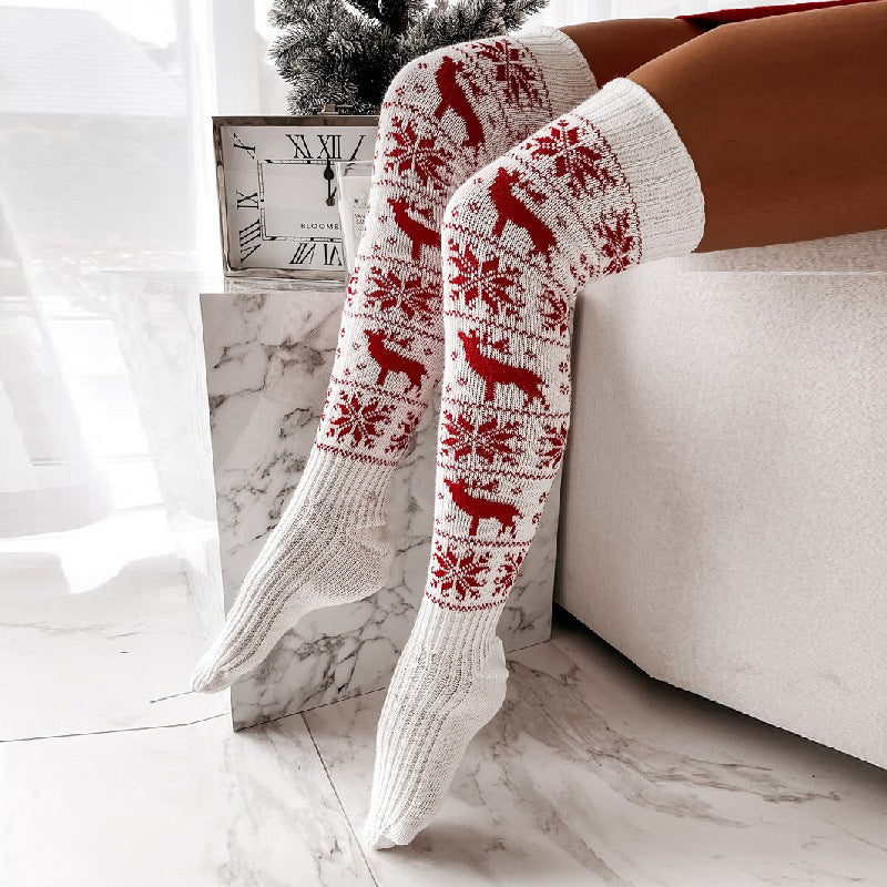 Chaussettes longues décontractées en tricot chaud pour femmes, avec motif de renne et de flocon de neige, pour Noël et l'hiver. Taille unique. Cadeau pour dames.