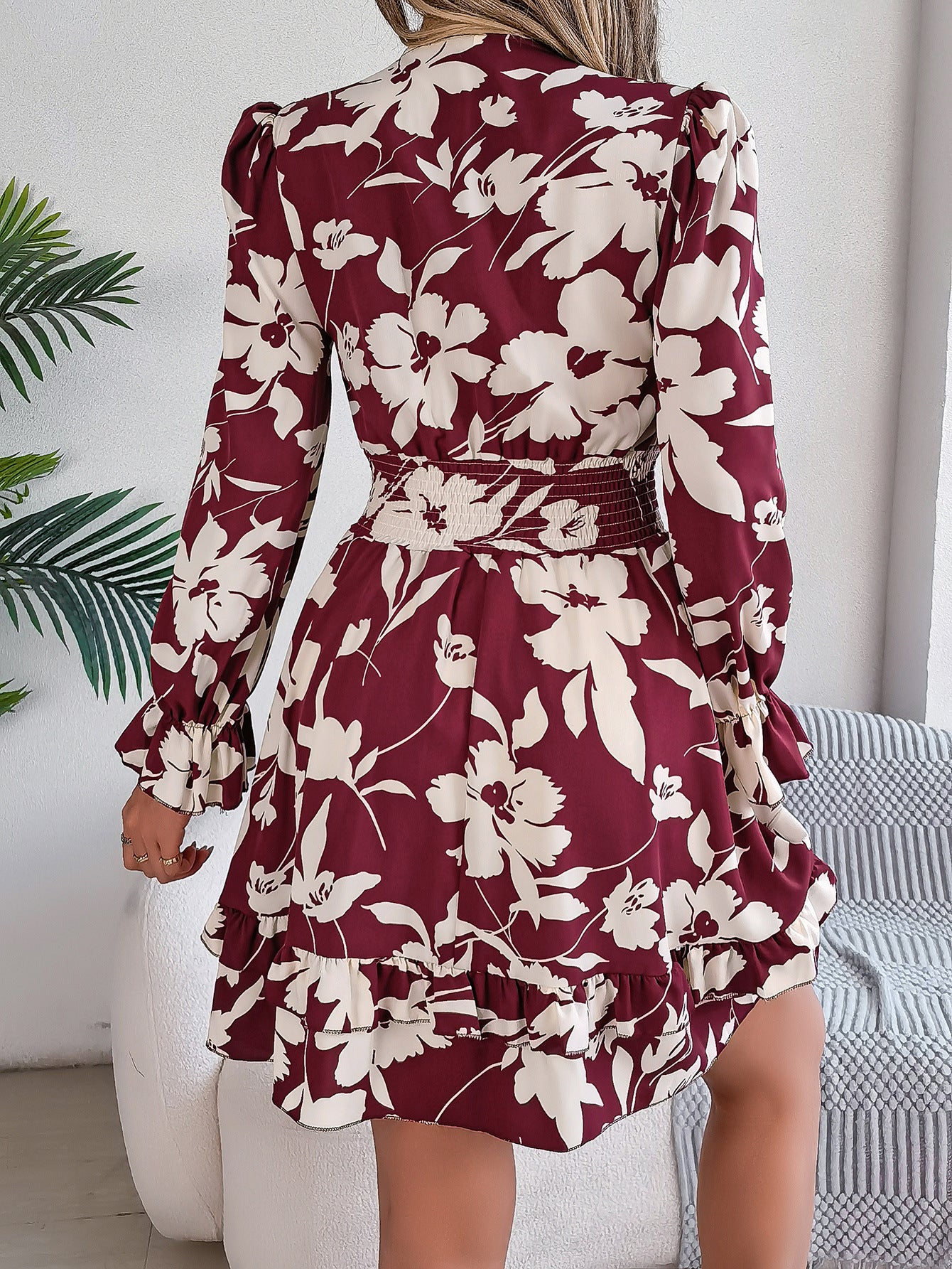 Nouvelle robe à manches longues à encolure en V imprimée de fleurs, avec volants et nœud, style A-ligne Vêtements pour femmes - Ivory Deals Market