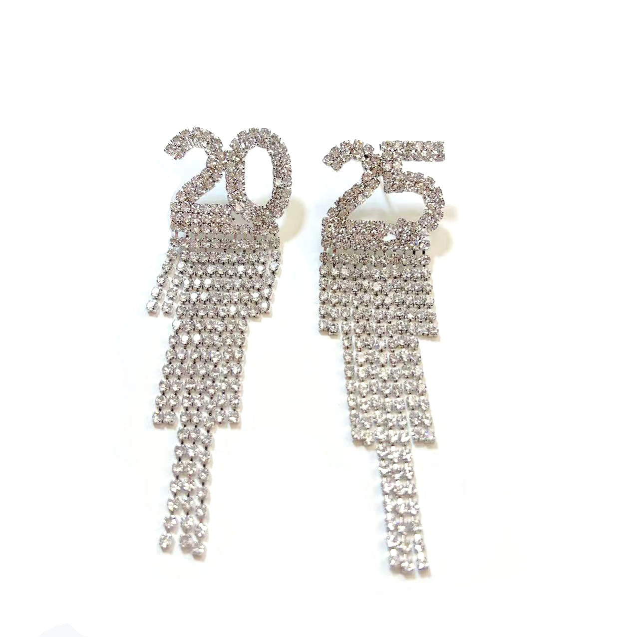 Boucles d'oreilles en lettres de strass numériques 2025 pour le Nouvel An, boucles d'oreilles pendantes, boucles d'oreilles de festival pour femmes, en cuivre incrusté de strass, boucles d'oreilles de mode, cadeau de fête.