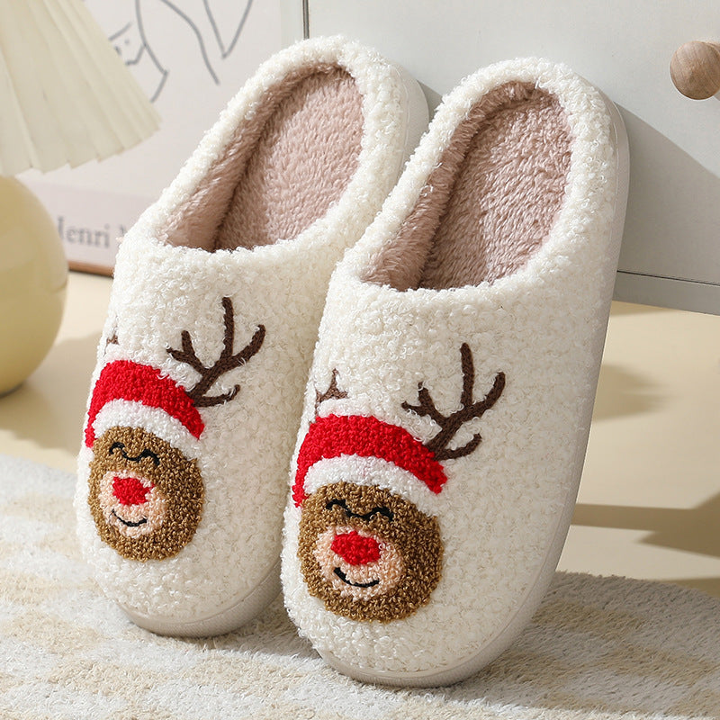 Chaussons de Noël mignons avec dessin animé du Père Noël en coton pour femmes et hommes, idéaux pour l'hiver et les couples.