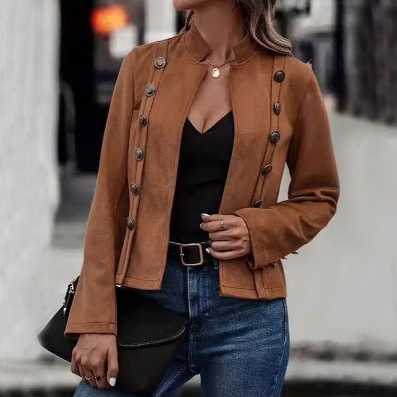 Solide Veste Courte Double Boutonnage Design Décoratif Mode Rétro Daim À Manches Longues Outwear Tops Manteau Pour Femmes Vêtements