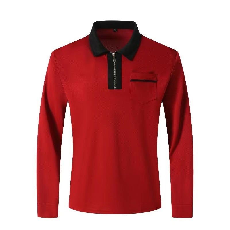 20240 automne hommes manches longues à fermeture éclair polo décontracté col à revers Zip Up Henley chemises coton sport golf tennis T - shirts avec poches - Ivory Deals Market