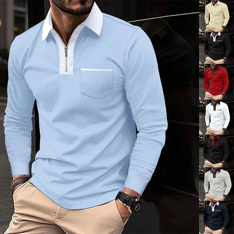 20240 automne hommes manches longues à fermeture éclair polo décontracté col à revers Zip Up Henley chemises coton sport golf tennis T - shirts avec poches - Ivory Deals Market