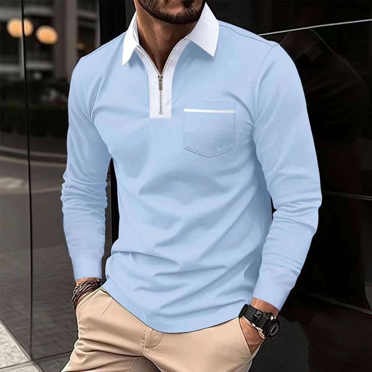 20240 automne hommes manches longues à fermeture éclair polo décontracté col à revers Zip Up Henley chemises coton sport golf tennis T - shirts avec poches - Ivory Deals Market