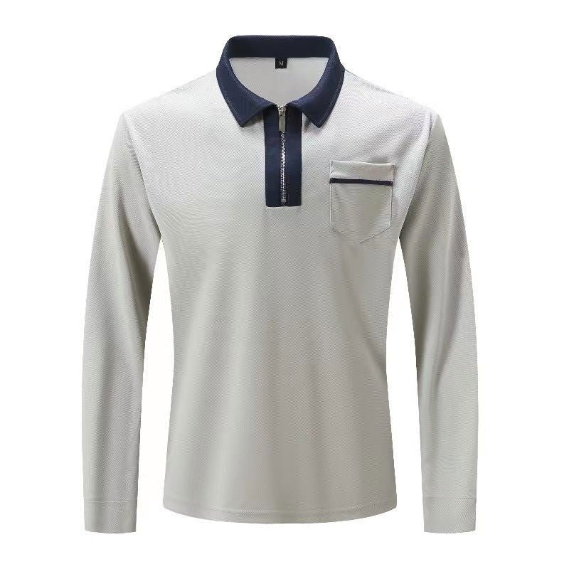 20240 automne hommes manches longues à fermeture éclair polo décontracté col à revers Zip Up Henley chemises coton sport golf tennis T - shirts avec poches - Ivory Deals Market