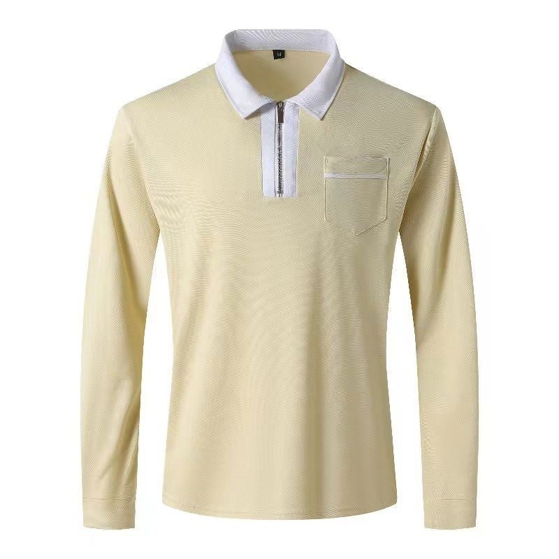 20240 automne hommes manches longues à fermeture éclair polo décontracté col à revers Zip Up Henley chemises coton sport golf tennis T - shirts avec poches - Ivory Deals Market