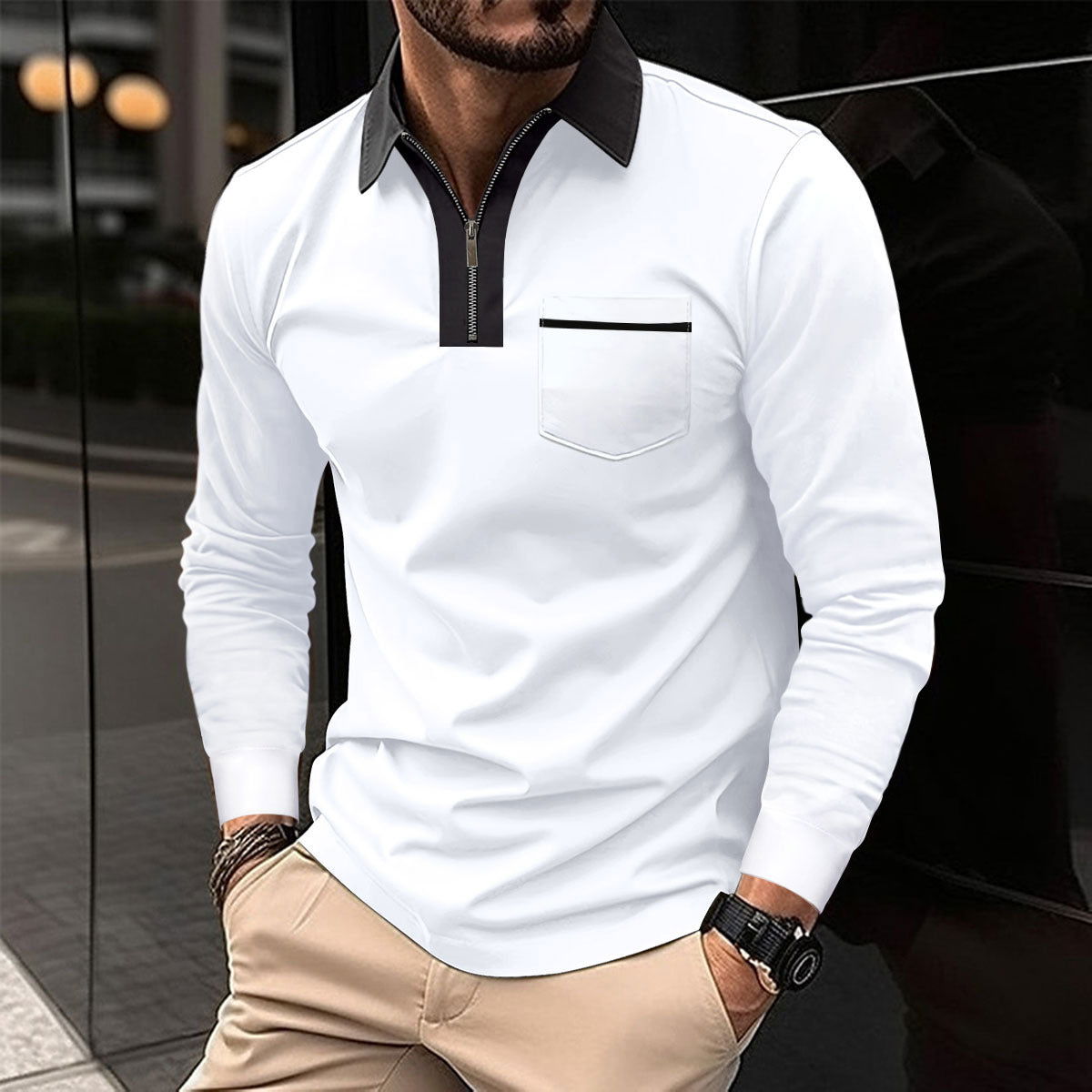 20240 automne hommes manches longues à fermeture éclair polo décontracté col à revers Zip Up Henley chemises coton sport golf tennis T - shirts avec poches - Ivory Deals Market