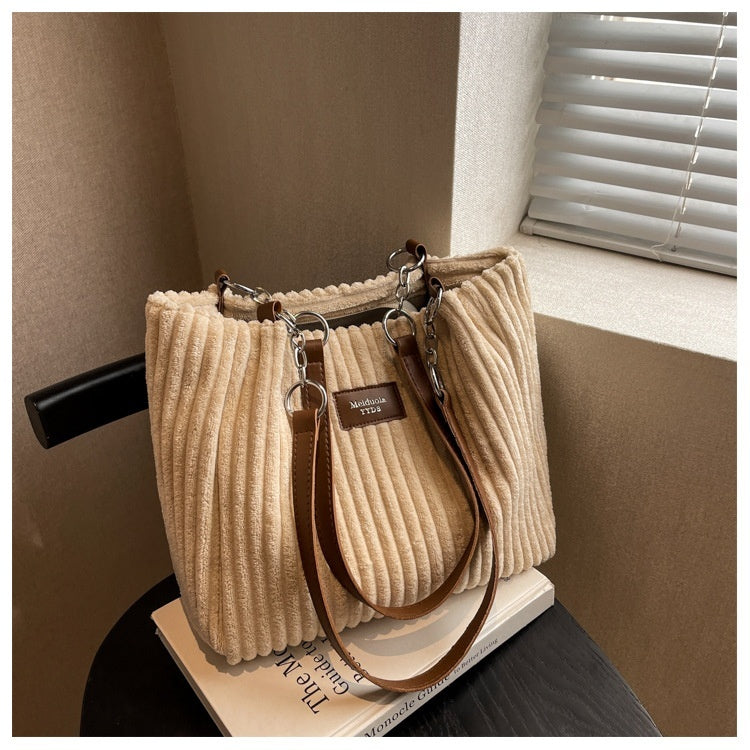 Sac à épaule rétro de grande capacité, sac fourre-tout simple et portable, en velours côtelé, solide, pour les navetteurs, avec fermeture éclair, sac à main pour femmes.