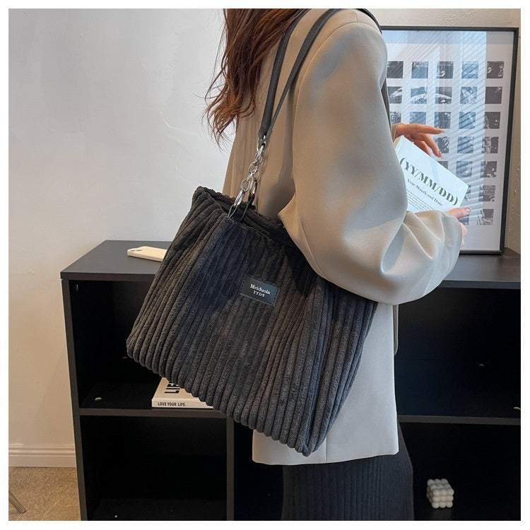 Sac à épaule rétro de grande capacité, sac fourre-tout simple et portable, en velours côtelé, solide, pour les navetteurs, avec fermeture éclair, sac à main pour femmes.