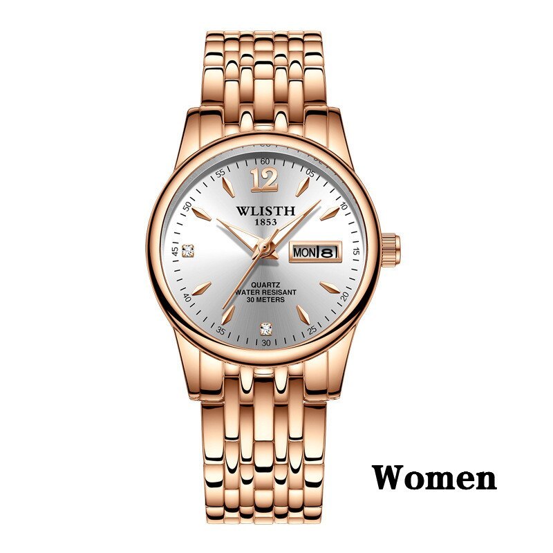 Montre pour femmes en acier inoxydable couleur or rose de la marque WLISTH, élégante et tendance, avec affichage de la semaine et de la date.