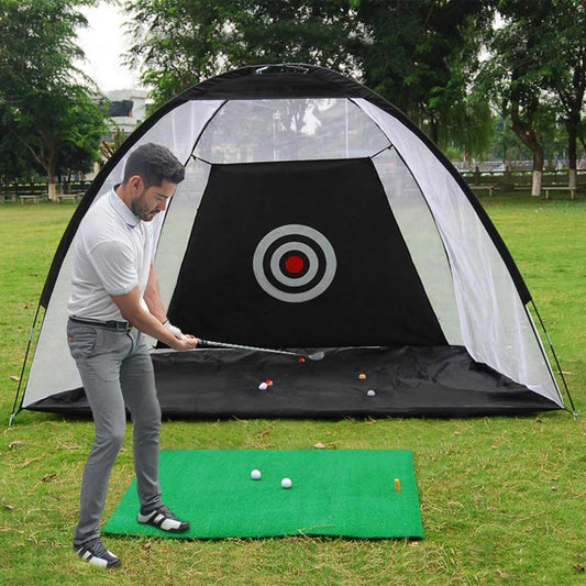 Tente de pratique de golf, cage de frappe de golf, tente de pratique en plein air sur le gazon, équipement d'entraînement de golf en filet.