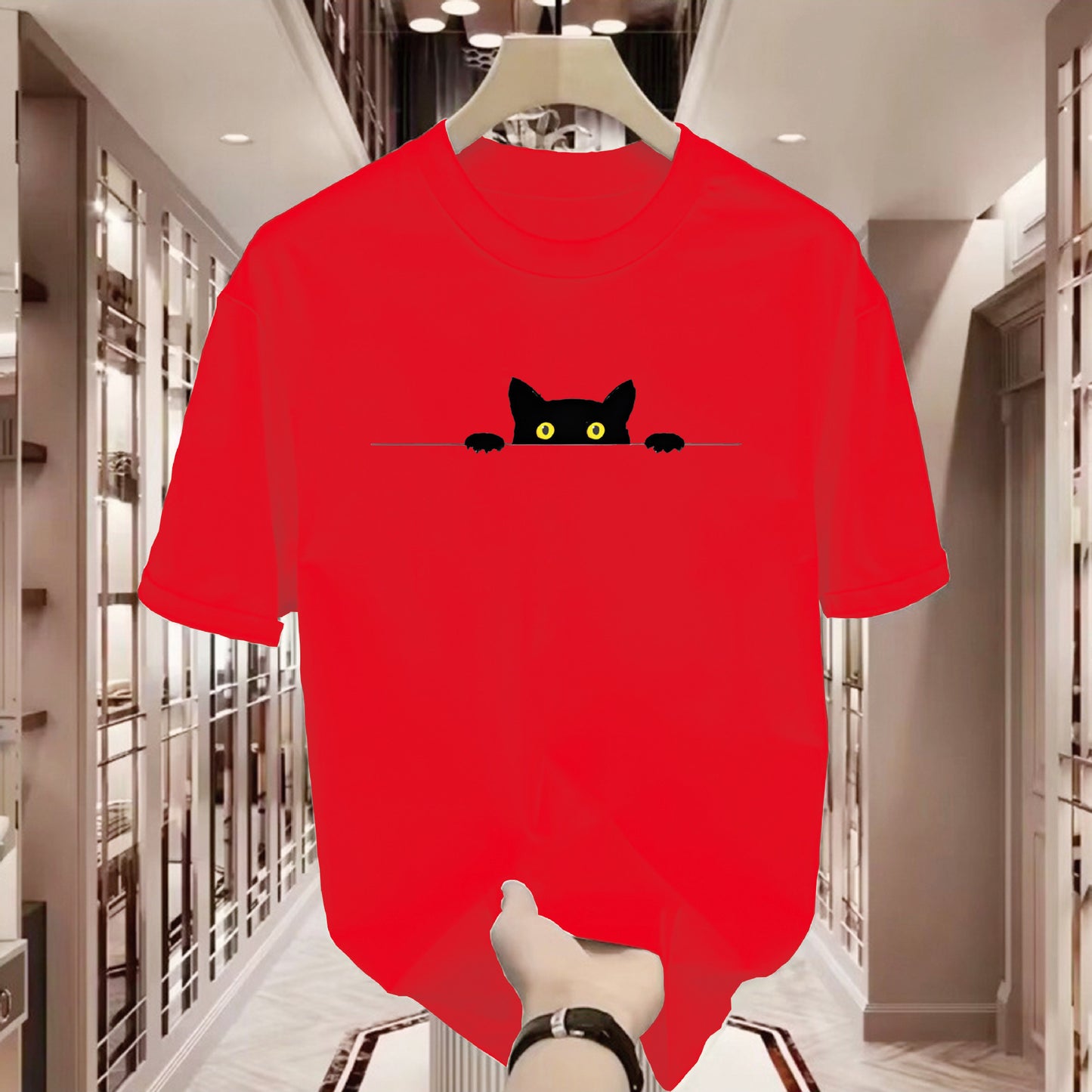 T-shirt à col rond imprimée chatte mignonne à manches courtes