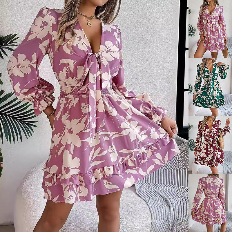 Nouvelle robe à manches longues à encolure en V imprimée de fleurs, avec volants et nœud, style A-ligne Vêtements pour femmes - Ivory Deals Market