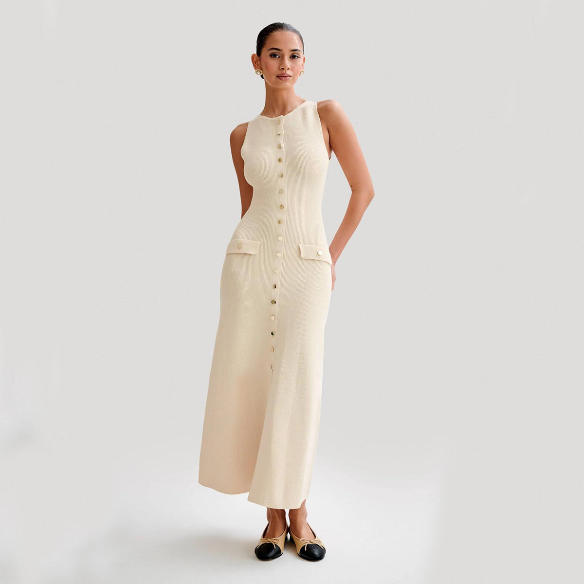 Robe élégante tricotée sans manches avec un seul sein mode slim col rond robes longues vêtements pour femmes - Ivory Deals Market