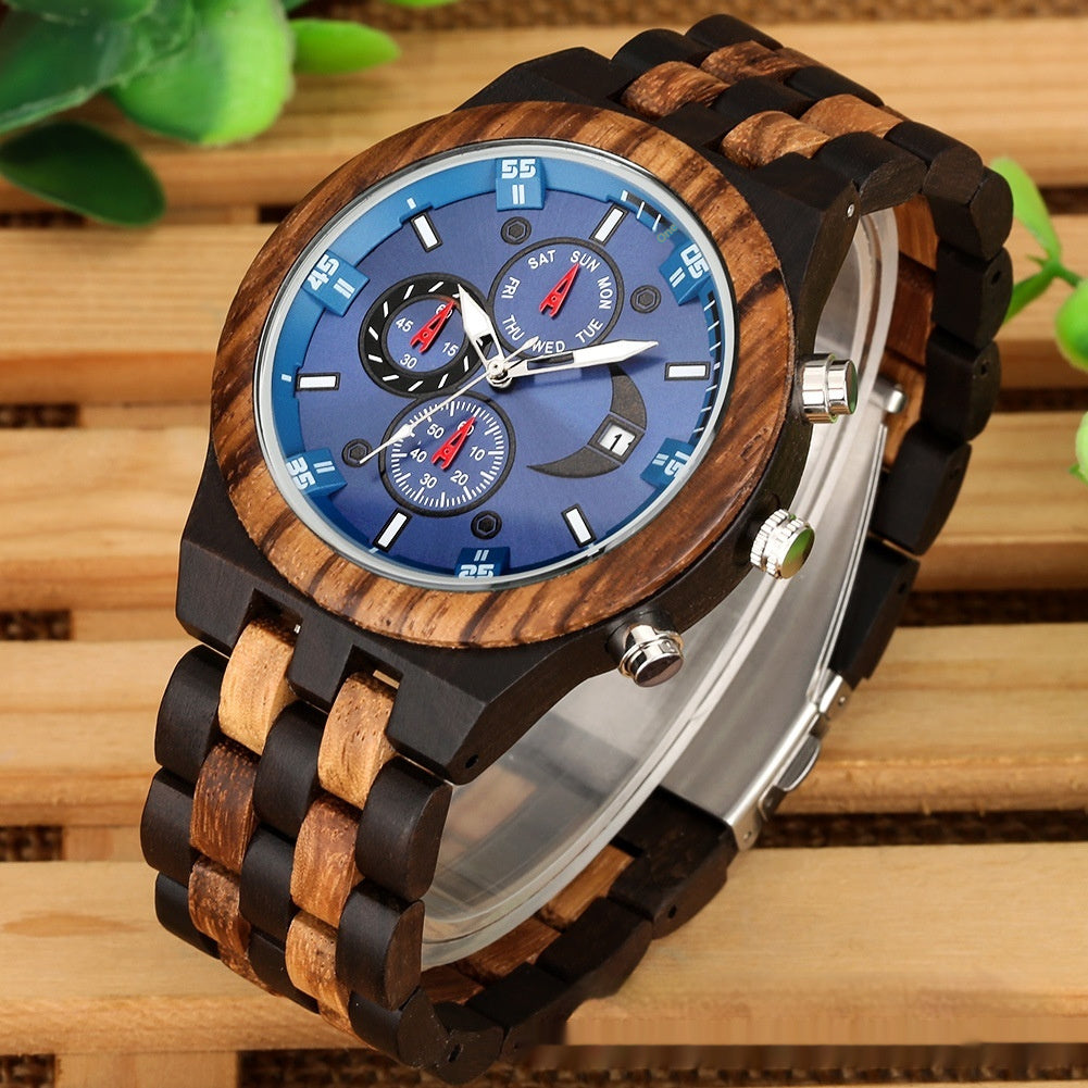 Montre à quartz avec bracelet en bois complet et fonctionnalités multiples.