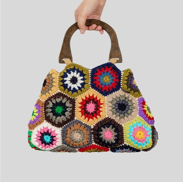 Sac à main en coton tressé à motifs à carreaux pour femmes, avec poignée en bambou, pour le printemps et l'été.