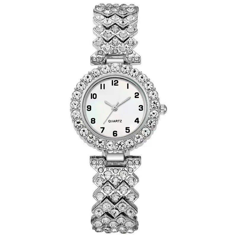 Ensemble de bijoux de mode 2 pièces : montre de luxe pour femmes avec bracelet en argent, montre à quartz pour dames et bracelet en alliage. Cadeau idéal pour les femmes.