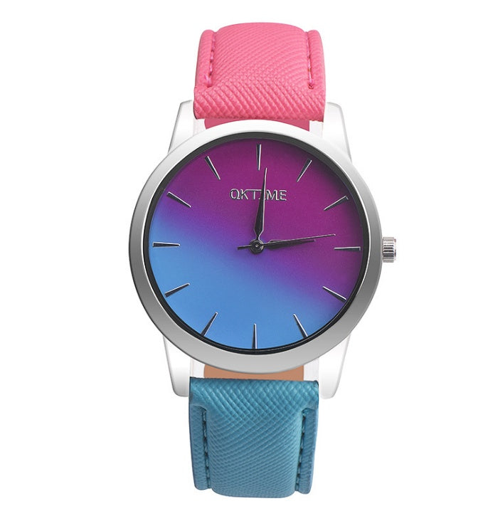 Montre élégante pour femme avec un design rétro décontracté, à cadran arc-en-ciel, mouvement à quartz.