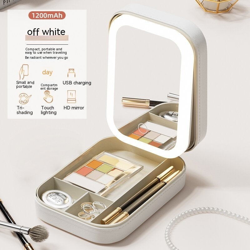 Boîte de rangement pour maquillage avec miroir à LED, portable pour les déplacements, organisateur de rangement pour produits cosmétiques avec éclairage tactile.