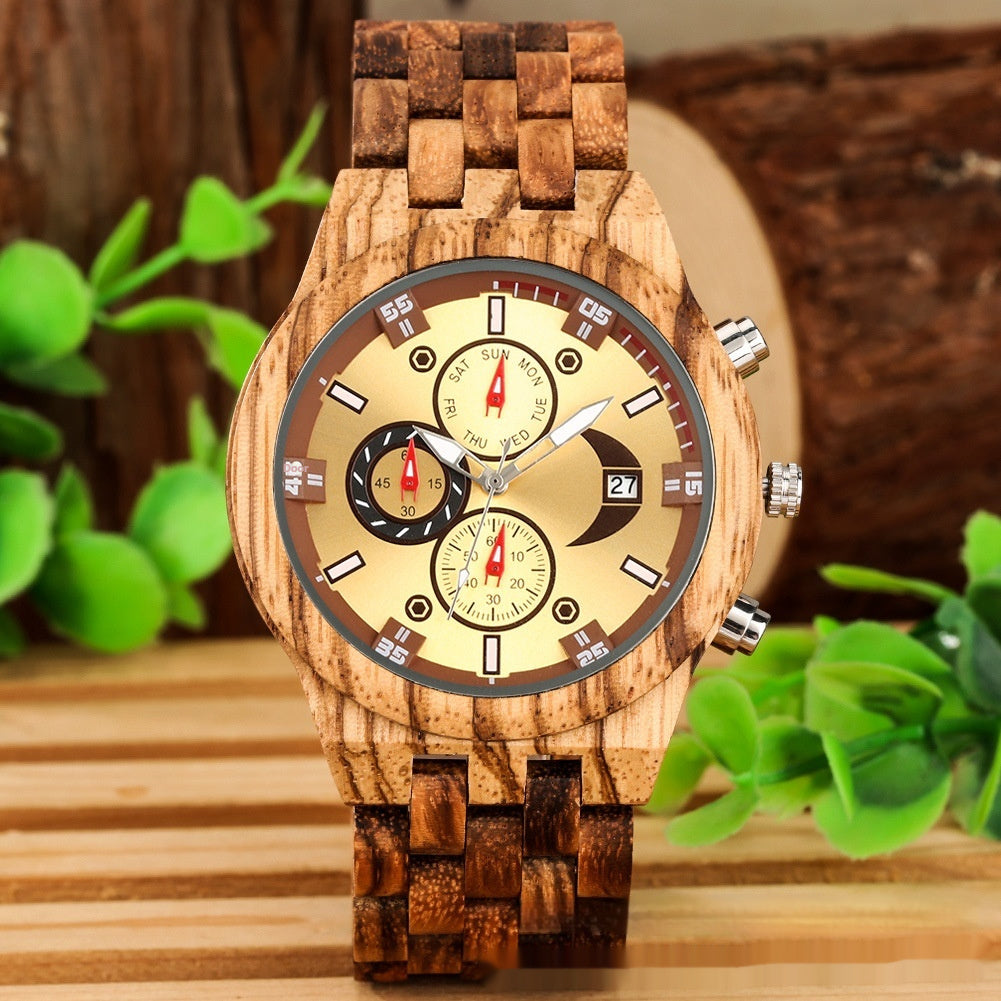 Montre à quartz avec bracelet en bois complet et fonctionnalités multiples.