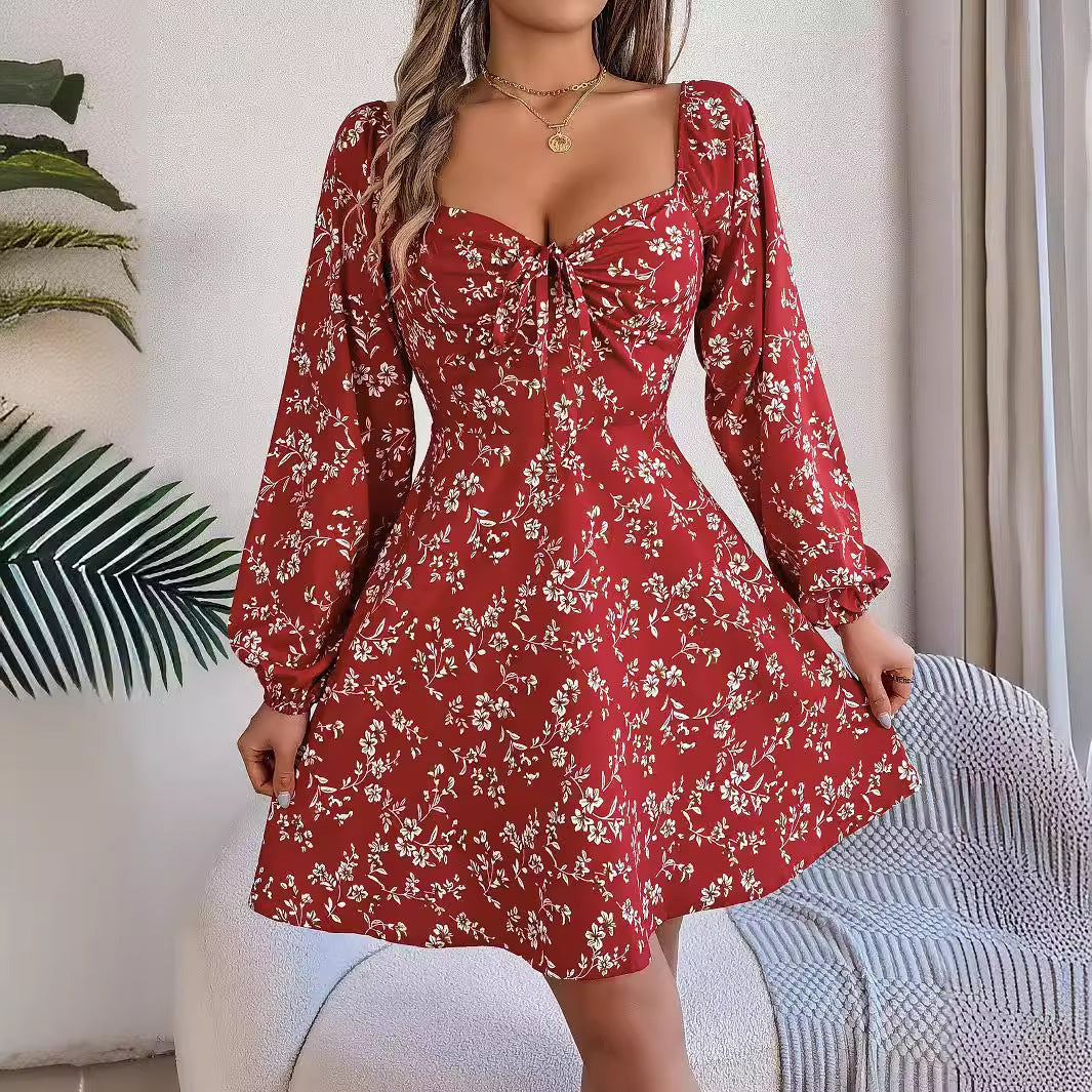 Robe à imprimé floral à manches lanternes, décontractée et sexy, à encolure carrée et manches longues pour femmes - Ivory Deals Market