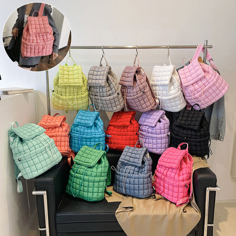 Sac à dos matelassé de couleur bonbon pour femmes, rembourré en duvet, grand sac d'école en coton, sac à dos de voyage pour femmes à carreaux, sac à bandoulière