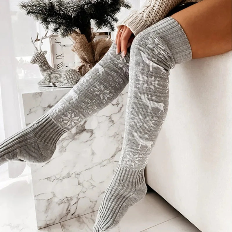 Chaussettes longues décontractées en tricot chaud pour femmes, avec motif de renne et de flocon de neige, pour Noël et l'hiver. Taille unique. Cadeau pour dames.