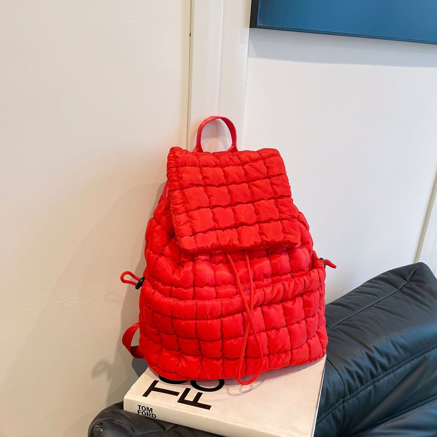 Sac à dos matelassé de couleur bonbon pour femmes, rembourré en duvet, grand sac d'école en coton, sac à dos de voyage pour femmes à carreaux, sac à bandoulière