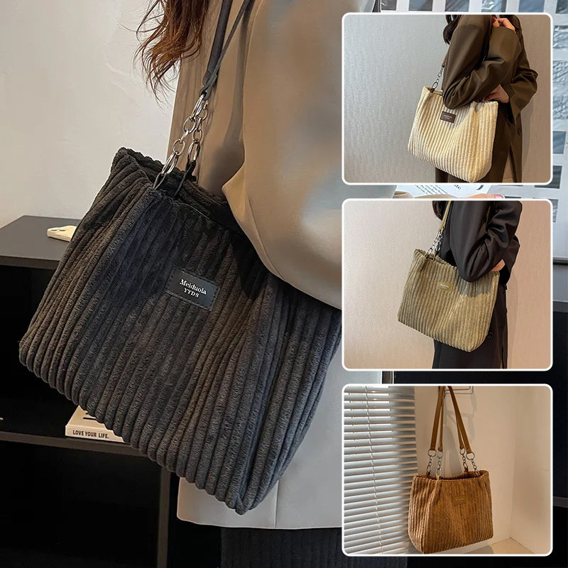 Sac à épaule rétro de grande capacité, sac fourre-tout simple et portable, en velours côtelé, solide, pour les navetteurs, avec fermeture éclair, sac à main pour femmes.