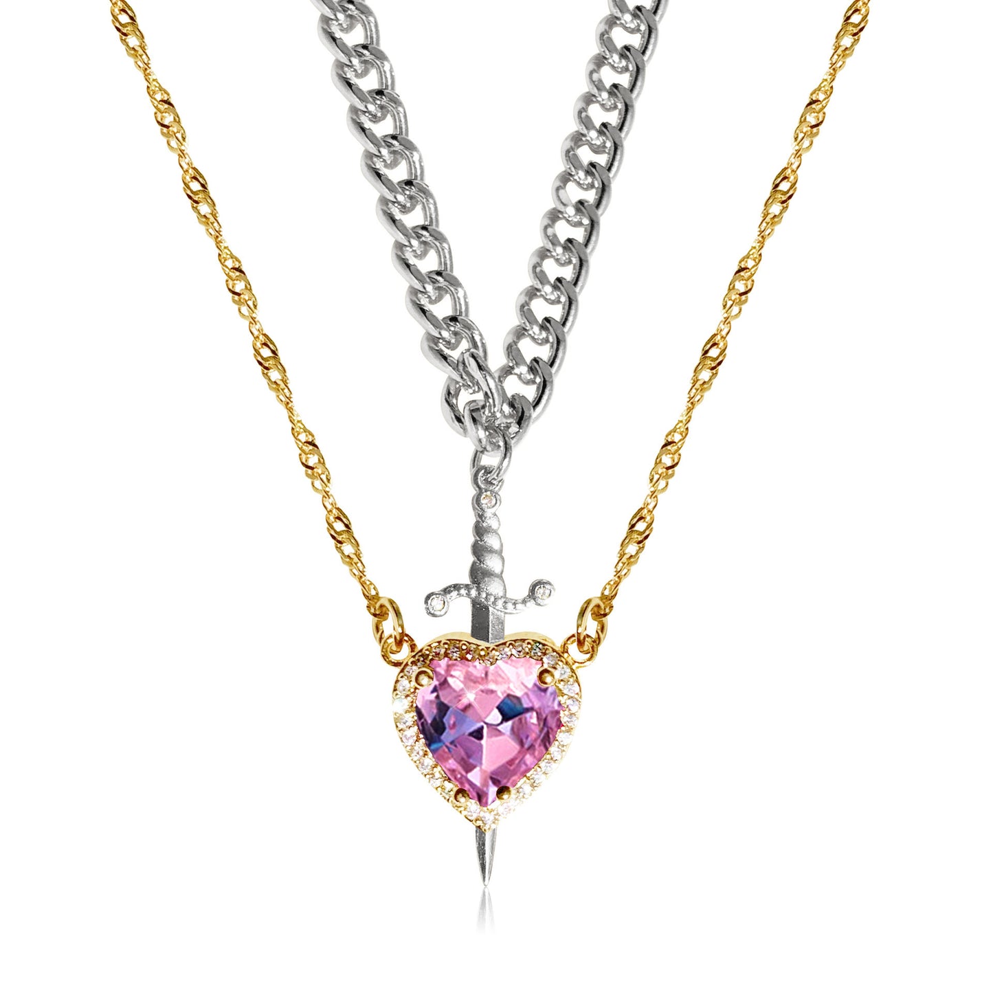 Collier de couple créatif à deux couleurs, avec un cœur en forme de flèche traversé, orné de strass rouges. Cadeau pour un bon ami, bijou de mode.