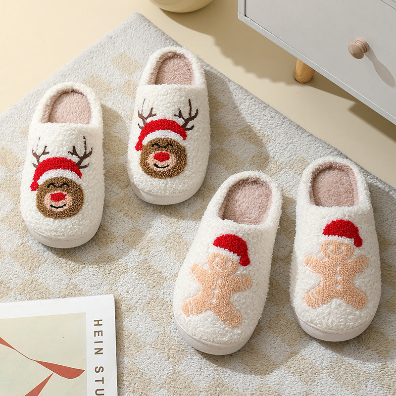 Chaussons de Noël mignons avec dessin animé du Père Noël en coton pour femmes et hommes, idéaux pour l'hiver et les couples.