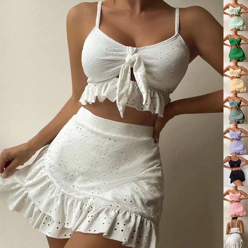 3pcs Bikini de plage avec jupe moulante à la mode, ensemble de maillot de bain à volants | vêtements d'été pour femmes - Ivory Deals Market