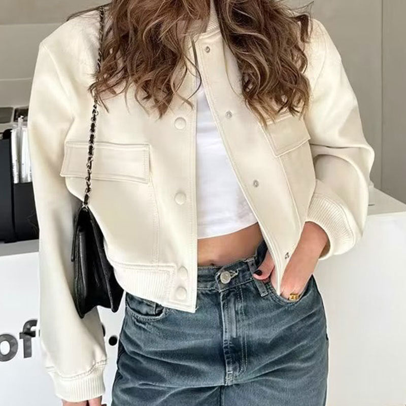 Veste à col montant à boutons de mode avec de grandes poches Casual Loose Short Outwear Tops Coat Pour Vêtements Féminins